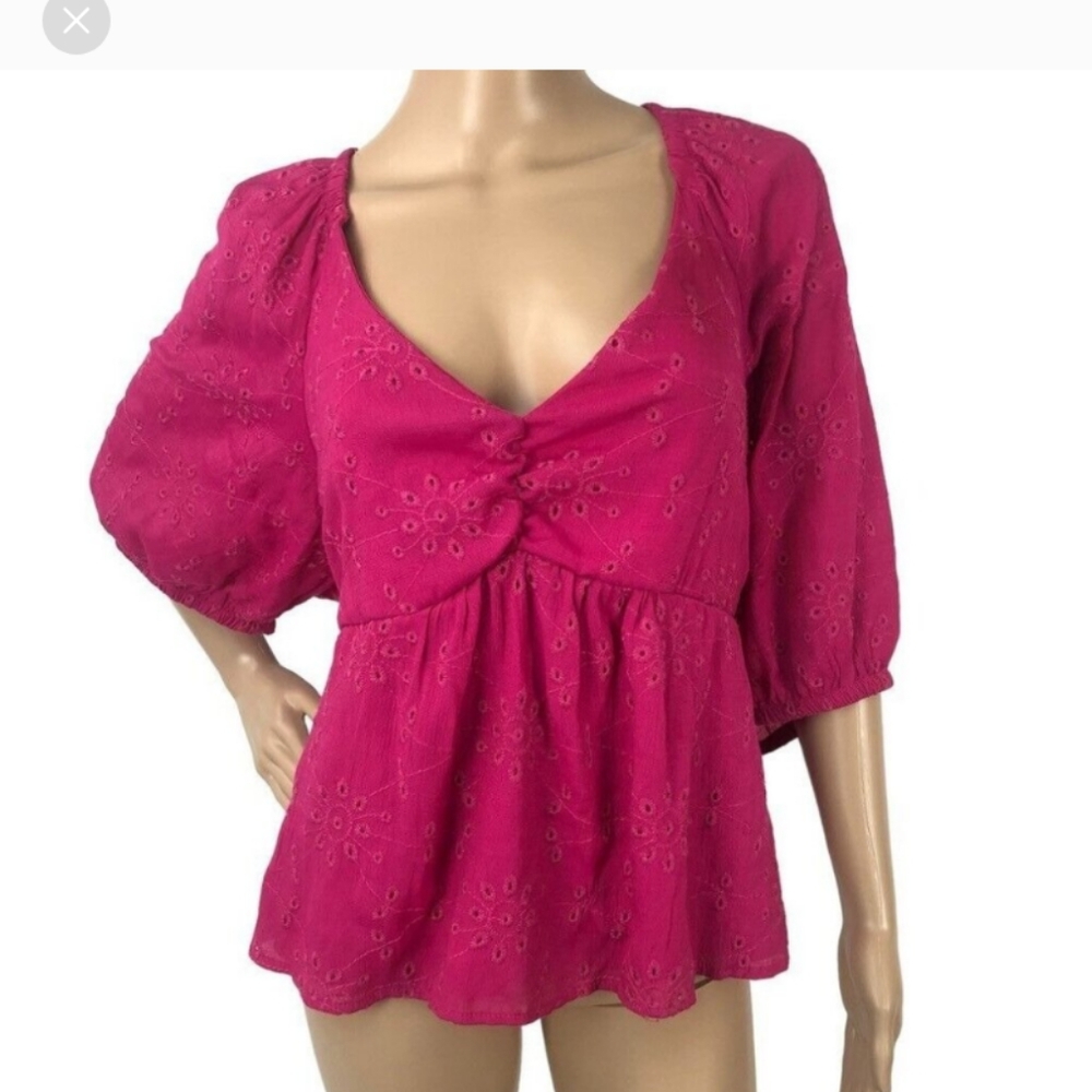 Sofia Jean Eyelet Lace Blouse Peplum V-Neck Peasant Babydoll Top Pink Size S